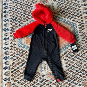Nike Infant Sherpa Dino Red Black Hooded Long Sleeve Romper Playsuit One Piece